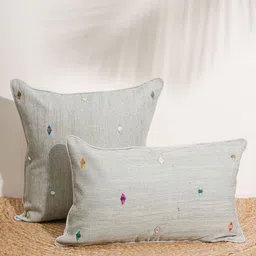 India Circus by Krsnaa Mehta Grey Melange & Pink Geometric Cotton Square Cushion Cover-image-44
