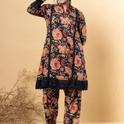 Readiprint Floral Printed Mandarin Collar Pure Cotton Tunic And Trousers-9