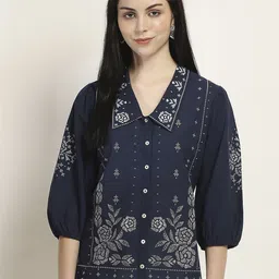 Rangriti Floral Printed Shirt Collar Puff Sleeves Regular Kurti-51