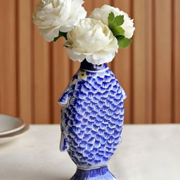 Unravel India Blue & White Madhubani Fish Ceramic Flower Vase-image-95