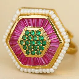 Rukhmani Gold-Plated Stone Studded & Pearls Beaded Adjustable Finger Ring-46