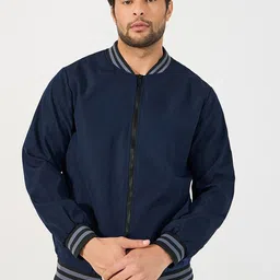 Styli Mandarin Collar Contrast Rib Detail Bomber Jacket-54