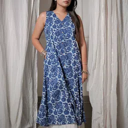 Janasya Women Blue Pure Cotton Floral Printed A-line Kurta-image-91