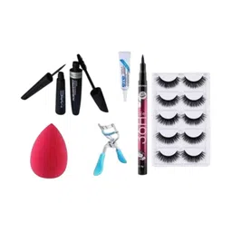 skrynnzer Set Of 7 Eyeliner- Mascara- Kajal- Makeup Blender- 5-Pair Eyelashes- Curler-83
