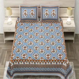 Aapno Rajasthan Blue & Brown Floral 144 TC King Bedsheet with 2 Pillow Covers-image-31