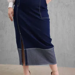 SASSAFRAS Curve Colourblocked Side Slit Straight Midi Skirt-image-50