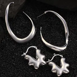 SOHI Set Of 2 Silver-Plated Contemporary Hoop Earrings-picture-1