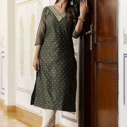 VredeVogel Floral Woven Design Round Neck Regular Thread Work Straight Kurta-image-0