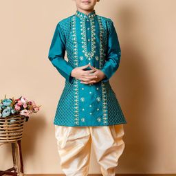 NFC CREATION Boys Ethnic Motifs Embroidered Regular Thread Work Dupion Silk Kurta with Patiala-10