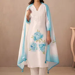 Indo Era Women Floral Printed Regular Sequinned Linen Kurta with Trousers & With Dupatta-picture-3