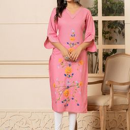 Yufta Floral Hand Painted V-Neck Slit Sleeves Gotta Patti Pure Cotton Straight Kurta-image-49