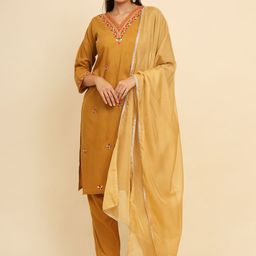 HERE&NOW Floral Embroidered Regular Thread Work Straight Kurta with Palazzos & Dupatta-image-63