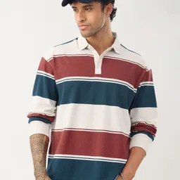 The Souled Store Men Striped Polo Collar Oversized T-shirt-picture-0