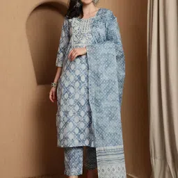 HERE&NOW Women Ethnic Motifs Printed Regular Sequinned Pure Cotton Kurta with Trousers & With Dupatta-picture-44