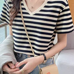 KPOP Women V-Neck Striped Top-picture-12