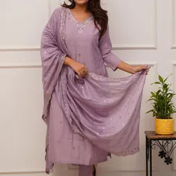 KALINI Floral Embroidered V Neck Sequinned Straight Kurta With Trousers & Dupatta-29