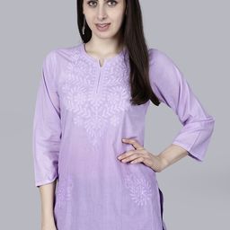 NAZAQAT ETHNIC INDIA Floral Embroidered Notch Neck Chikankari Cotton Straight Short Kurta-30
