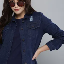 HERE&NOW Women Navy Blue Solid Denim Jacket With Ripped Detail-picture-23