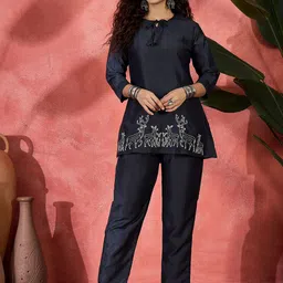 Sangria Embroidered Tie Up Neck Top & Trousers Co-Ords-picture-20