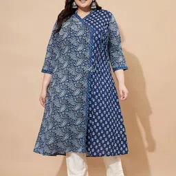 KALINI Plus Size Floral Printed V-Neck Angrakha A-Line Pure Cotton Kurta-14