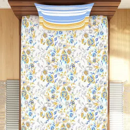 SPACES Atrium Plus Blue 144 TC Pure Cotton Soft Feel Single Bedsheet with 1 Pillow Covers image 3