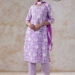 Moara Women Floral Printed Regular Mirror Work Pure Cotton Kurta with Trousers & With Dupatta-picture-3