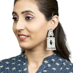 Shining Jewel Silver Plated Cubic Zirconia Studded Square Shaped Drop Earrings-5