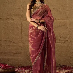 House of Pataudi Solid Sequinned Fancy Border Saree With Unstitched Blouse-7