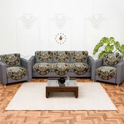 Myntra Elegant Homes Green & Blue 10 Pieces Flower Textured Cotton 5 Seater Sofa Covers-2