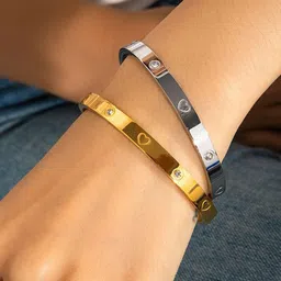 DIVASTRI Unisex Set of 2 Stainless Steel Stone Studded 18KT Gold-Plated Kada Bracelets image 4