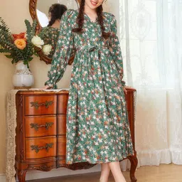 BAESD Floral Print Bishop Sleeve Fit & Flare Midi Dress-image-92