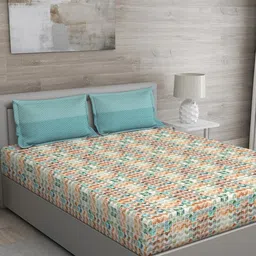 GM Turquoise Blue & Orange 150 TC Cotton 1 Super Queen Bedsheet with 2 Pillow Covers-picture-0