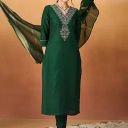 KALINI Ethnic Motifs Embroidered V-Neck Straight Kurta With Trousers & Dupatta-35