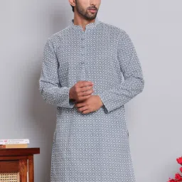 Jompers Mandarin Collar Floral Embroidered Chikankari Cotton Kurta-image-29