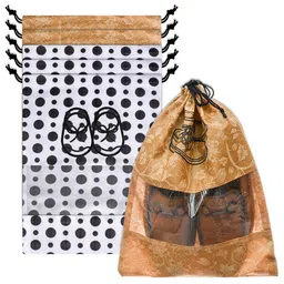 Kuber Industries White & Black Pack of 6 Printed Shoe Cover With Drawstring-58
