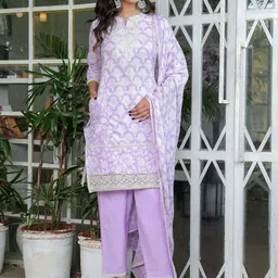 SIDDHANAM Women Floral Embroidered Regular Gotta Patti Pure Cotton Kurta with Trousers & With Dupatta-picture-47