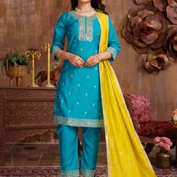BAESD Girls Floral Embroidered Regular Sequinned Kurti with Trousers & With Dupatta-picture-13
