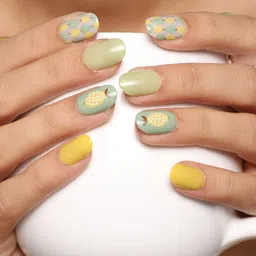 LICK Set Of 30 Reusable Press On  Oval Shape Artificial Nails - Yellow & Green image 3