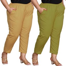 Pack of 2 Women Regular Fit Green, Beige Pure Cotton Trousers-image-60