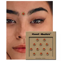 Comet Busters 12 Pcs Embellished Reusable Designer Bindi - Red & Gold-Toned image 4