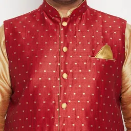 VASTRAMAY Men Gold-Coloured Regular Kurta with Pyjamas & Nehru Jacket image 3