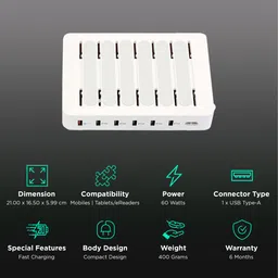 Soopii 60W Type A 6-Port Fast Charging Station (Type A to Type C, Type A to Micro USB & Type A to Lightning Cable, Quick Charge 3.0, White) image 2