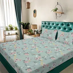 KLOTTHE Green & Pink Floral Printed 300 TC King Bedsheet Set 2.5 m x 2.25 m-image-31