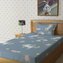 Myntra Elegant Homes Grey & White Cartoon Characters 300 TC Single Bedsheet with 1 Pillow Covers-picture-22