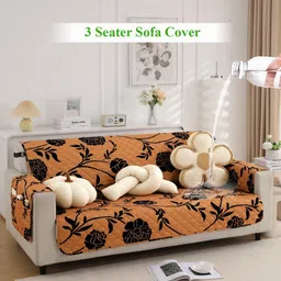 HOKIPO Copper Toned & Black Floral Printed Waterproof 3 Seater Sofa Cover With Arms-image-34