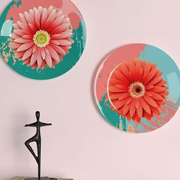 Homscape 2-Pcs Pink & Green PrintedCeramic Wall HangingPlates-11