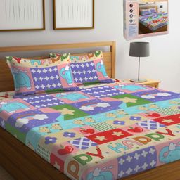 FABINALIV Purple & Pink Cartoon Characters 300 TC King Bedsheet with 2 Pillow Covers-image-62