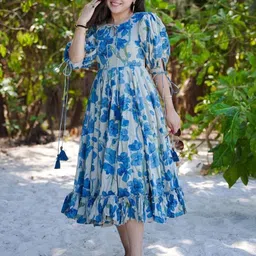 KOTRONS Women Floral Printed Tie-Up Neck Casual Fit and Flare Dress-image-28