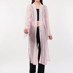 FLY STITCH Floral Printed Longline Chiffon Open Front Shrug-image-84