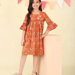 Fabindia Girls Floral Print Bell Sleeve A-Line Dress-image-75